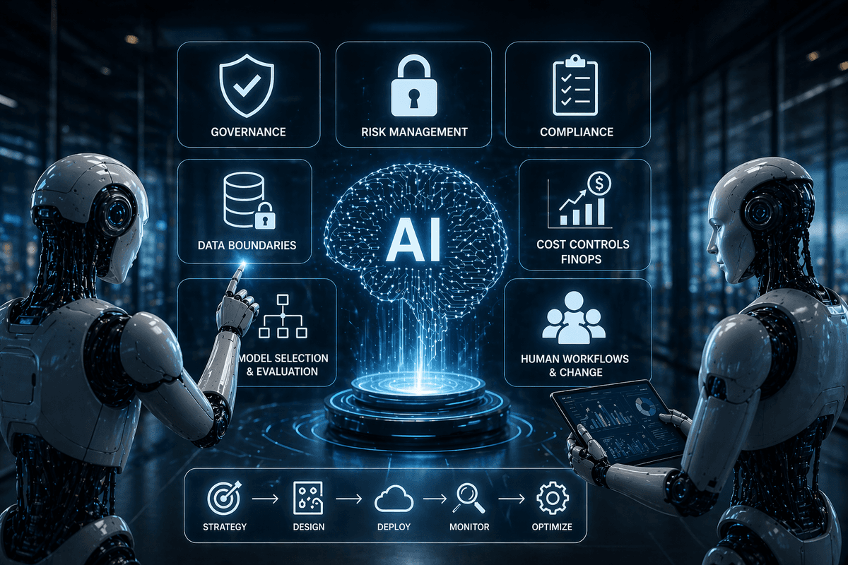 AI governance, risk management, compliance, data boundaries, cost controls, model selection, and human workflows — the pillars of de-risked AI/GenAI adoption