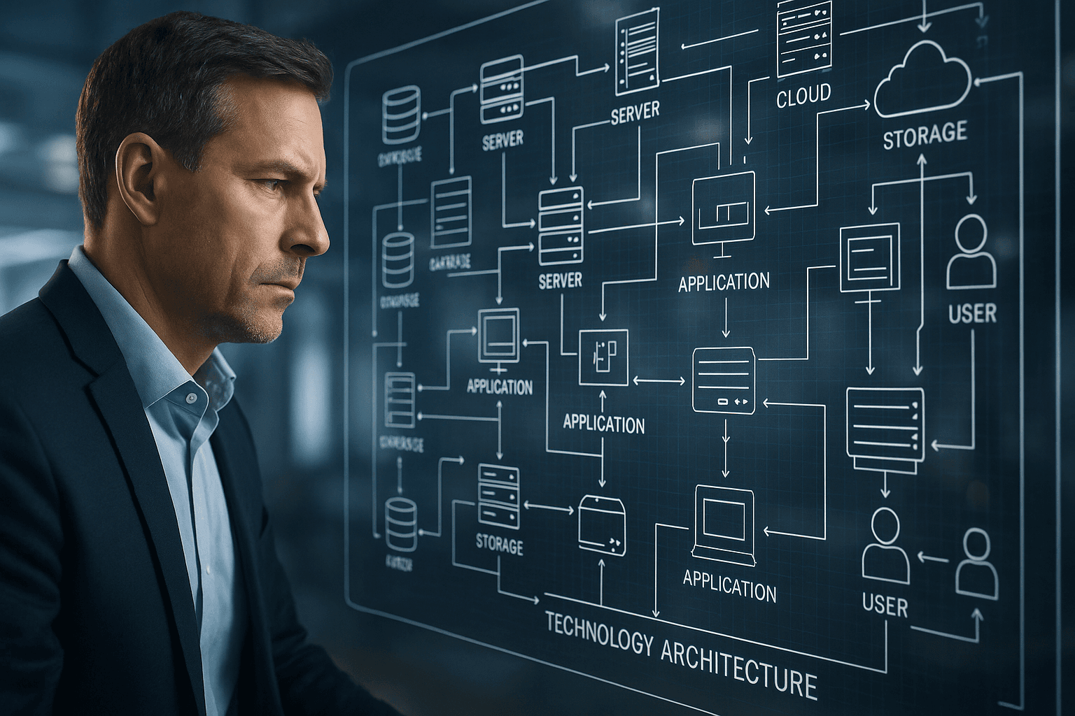 Sophisticated architectural blueprints and data streams